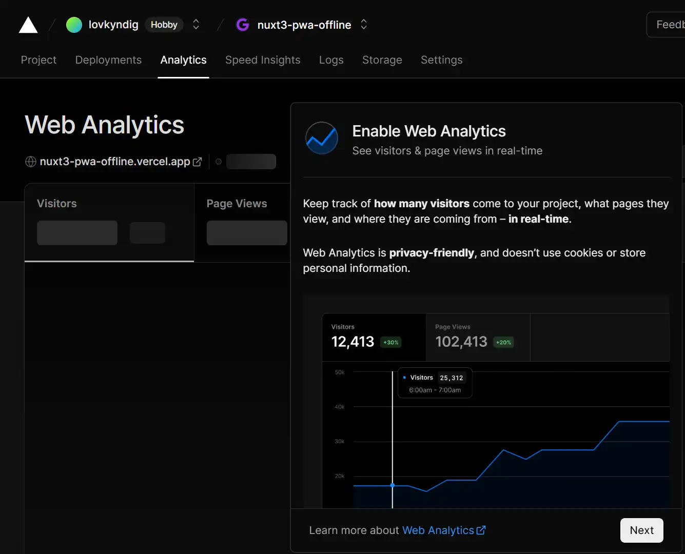 Screen clip about how to activate Vercel Analytics