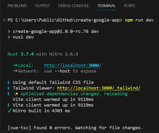 Screen Clip of the terminal on the command: npm run dev